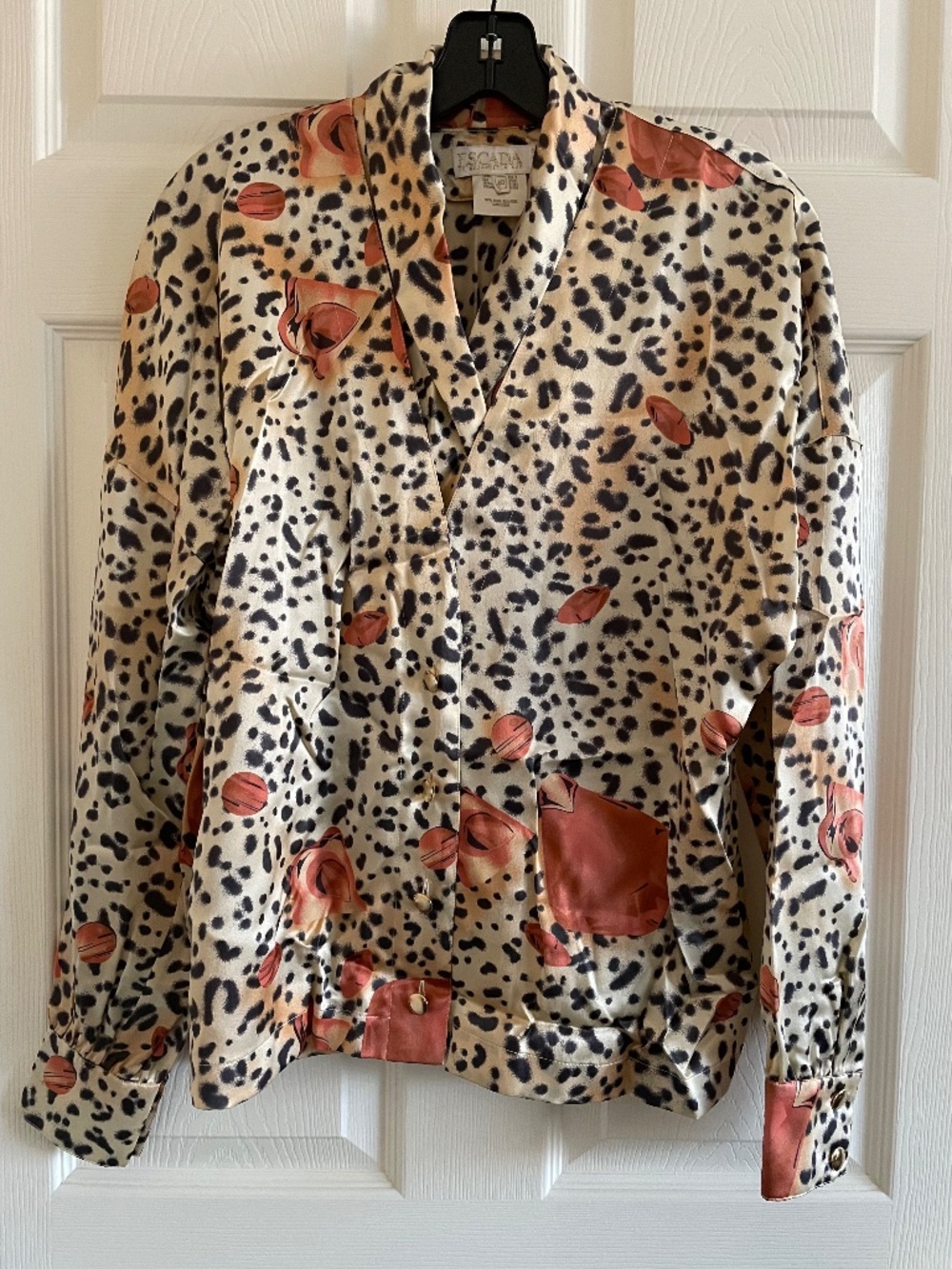 Vintage Escada 100% Silk Leopard Rose Print Cream Blouse